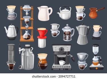 Coffee maker set. Filter, Espresso machine, French press, Clever Dripper, coffee turk, Moka Pot, Aeropress and ets. Alternative equipment brewing coffee illustration. svg