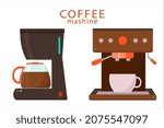 Coffee maker set isolated on white background. Vector flat illustration coffee mashine. Hand drawn design element for label and poster