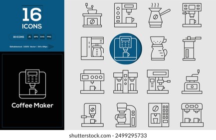 Coffee Maker set of outline icons related to analysis, infographic, analytics. Editable stroke. Vector illustration. 