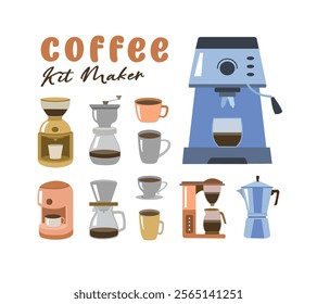 Coffee maker. Set of coffee shop element. Coffee kit. Coffee house element.