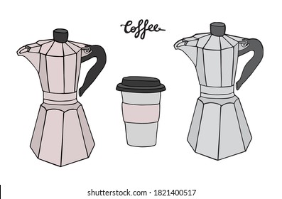Coffee maker set. Two aluminium coffee pots with paper coffee cup and title. Vector sketch