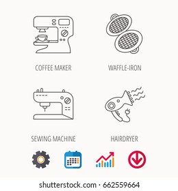 Coffee maker, sewing machine and hairdryer icons. Waffle-iron linear sign. Calendar, Graph chart and Cogwheel signs. Download colored web icon. Vector