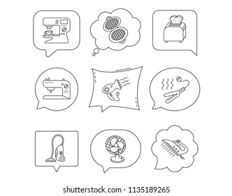 Coffee maker, sewing machine and toaster icons. Ventilator, vacuum cleaner linear signs. Hair dryer, steam ironing and waffle-iron icons. Linear Speech bubbles with icons set. Comic chat balloon