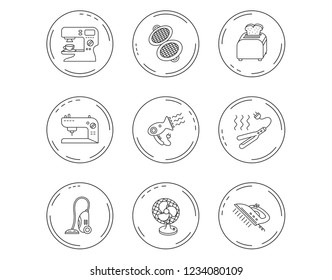 Coffee maker, sewing machine and toaster icons. Ventilator, vacuum cleaner linear signs. Hair dryer, steam ironing and waffle-iron icons. Linear Circles web buttons with icons. Vector