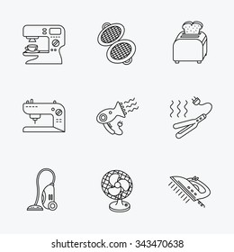 Coffee maker, sewing machine and toaster icons. Ventilator, vacuum cleaner linear signs. Hair dryer, steam ironing and waffle-iron icons. Linear black icons on white background.