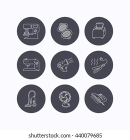 Coffee maker, sewing machine and toaster icons. Ventilator, vacuum cleaner linear signs. Hair dryer, steam ironing and waffle-iron icons. Flat icons in circle buttons on white background. Vector