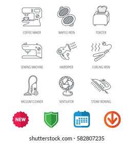 Coffee maker, sewing machine and toaster icons. Ventilator, vacuum cleaner linear signs. Hair dryer, steam ironing and waffle-iron icons. New tag, shield and calendar web icons. Download arrow. Vector