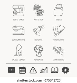 Coffee maker, sewing machine and toaster icons. Ventilator, vacuum cleaner linear signs. Hair dryer, steam ironing and waffle-iron icons. Education book, Graph chart and Chat signs. Vector