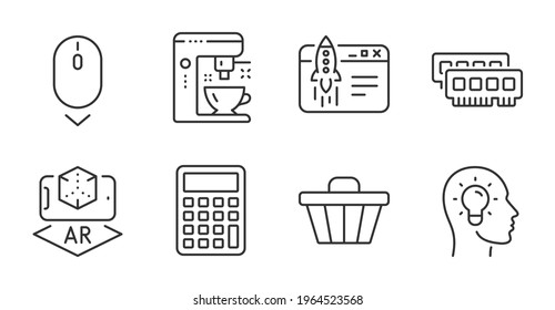 Coffee Maker, Shop Cart And Augmented Reality Line Icons Set. Calculator, Start Business And Ram Signs. Idea Head, Scroll Down Symbols. Tea Machine, Web Buying, Phone Simulation. Vector