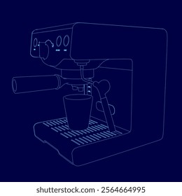 Coffee maker is shown in a black and white drawing. The coffee maker has a cup attached to it, and there are two buttons on the front of the machine. The buttons are labeled "brew"