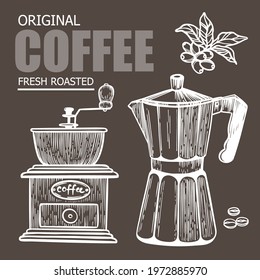 COFFEE MAKER SKETCH Mill Design Of Stickers And Labels For Dessert Drink Products In Vintage Style Hand Drawn Clip Art Vector Illustration Set For Print