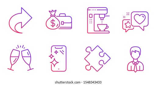 Coffee maker, Smartphone clean and Champagne glasses line icons set. Salary, Strategy and Share signs. Heart, Businessman symbols. Tea machine, Phone screen. Business set. Vector