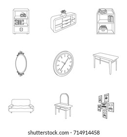 Coffee maker, sofa, mirror, table service in the restaurant and other web icon in outline style isometric. Interior and office furniture icons in set collection.