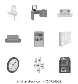 Coffee maker, sofa, mirror, table service in the restaurant and other web icon in monochrome style isometric. Interior and office furniture icons in set collection.