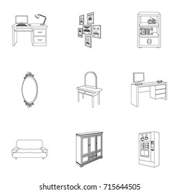 Coffee maker, sofa, mirror, table service in the restaurant and other web icon in outline style isometric. Interior and office furniture icons in set collection.
