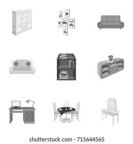 Coffee maker, sofa, mirror, table service in the restaurant and other web icon in monochrome style isometric. Interior and office furniture icons in set collection.