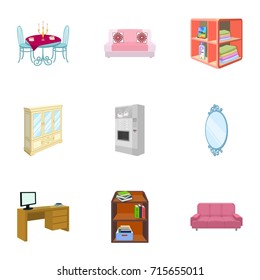 Coffee maker, sofa, mirror, table service in the restaurant and other web icon in cartoon style isometric. Interior and office furniture icons in set collection.