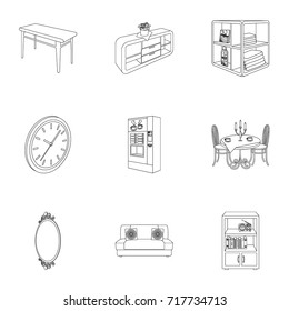 Coffee maker, sofa, mirror, table service in the restaurant and other web icon in outline style isometric. Interior and office furniture icons in set collection.