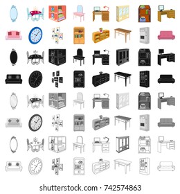 Coffee maker, sofa, mirror, table service in the restaurant and other web icon in cartoon style isometric. Interior and office furniture icons in set collection.