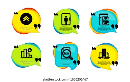 Coffee maker, Swipe up and Elevator icons simple set. Speech bubble with quotes. Decreasing graph, Check article and Buildings signs. Tea machine, Scroll screen, Office transportation. Vector