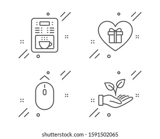 Coffee maker, Swipe up and Romantic gift line icons set. Helping hand sign. Tea machine, Scrolling page, Surprise with love. Startup palm. Business set. Line coffee maker outline icon. Vector