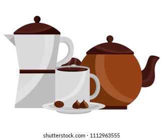 coffee maker and teapot cup and cocoa nuts chocolate