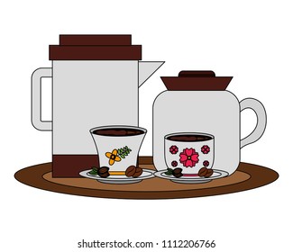 coffee maker and teapot with cups and seeds