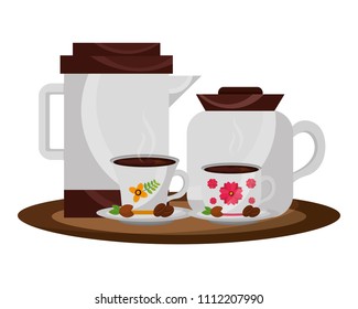 coffee maker and teapot with cups and seeds