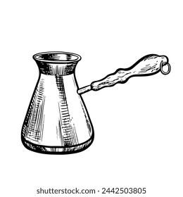 Coffee maker, Turkish coffee maker. Vector black and white graphic illustration, hand-drawn. For printing, menus, postcards and packages. For banners, flyers and posters.