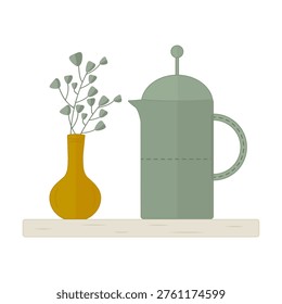 Coffee maker and vase with plant isolated on white background. French press coffee maker and ceramic vase with eucalyptus branch on wooden shelf or tray. Cozy kitchen still life, slow living, mindfulness, morning rituals, home comfort or sustainable lifestyle concept. Stock vector illustration