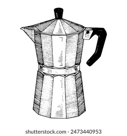 Coffee maker Vector hand drawn illustration. Moka Pot sketch drawing. Vintage black line art. Clipart for graphic design. Geyser italian kettle in retro style on isolated white background.