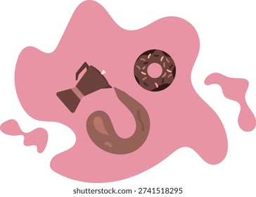a coffee maker from which an invigorating drink and an appetizing donut flow.