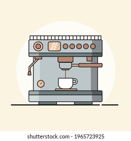 A Coffee maker with white cup. The coffee espresso flowing from the machine to the cup.