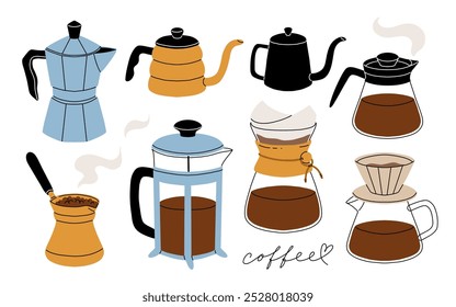 Coffee makers. French press filter and cezve for turkish coffee, chemex, moka pot. Cafe or bakery equipment for morning energy hot drinks, Flat cartoon vector set.