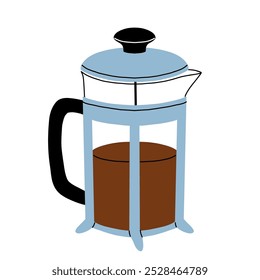 Coffee makers. French press filter and cezve for turkish coffee, chemex, moka pot. Cafe or bakery equipment for morning energy hot drinks, Flat cartoon vector set.