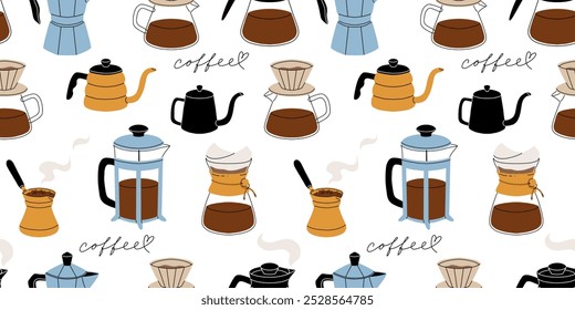 Coffee makers. French press filter and cezve for turkish coffee, chemex, moka pot. Cafe or bakery equipment for morning energy hot drinks, Flat cartoon vector seamless pattern