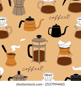 Coffee makers. French press filter and cezve for turkish coffee, chemex, moka pot. Cafe or bakery equipment for morning energy hot drinks, Flat cartoon vector seamless pattern