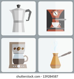 Coffee makers icon set in minimalistic style. Flat coffee icons. Vector illustration EPS 10.