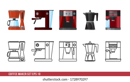 Coffee makers icon set in minimalistic style. Flat coffee icons. Vector illustration EPS 10. Coffee machines for home kitchen. For your design isolated on white