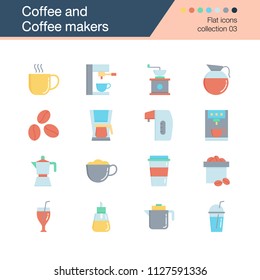 Coffee and Coffee makers icons. Flat design collection 3. For presentation, graphic design, mobile application, web design, infographics. Vector illustration.