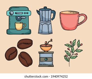 coffee makers and icons set