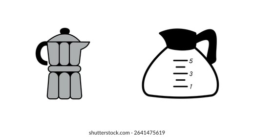 Coffee makers illustration featuring moka pot and glass carafe, brewing equipment for rich espresso, filter coffee, caffeine lovers, barista, kitchen appliances, black and white, simple.
