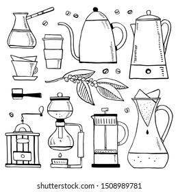 Coffee makers set. Percolator, syphon, pour-over, cezve, french press, grinder, cups and plant. Hand drawn outline sketch illustration black on white background