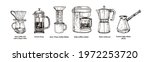 Coffee Makers types collection, gravure style ink drawing illustration with handwritten inscription