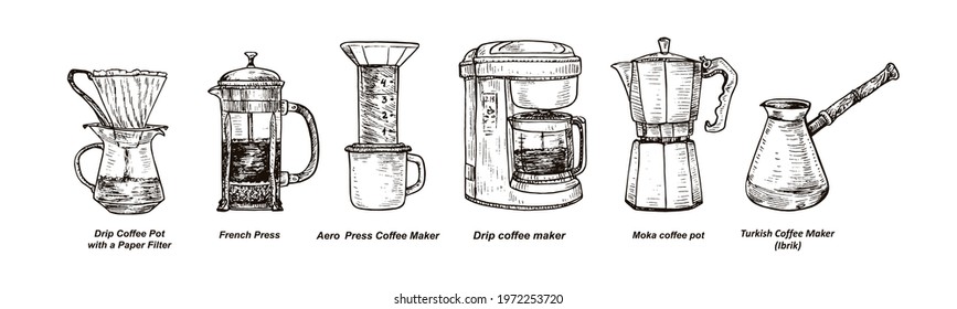 Coffee Makers types collection, gravure style ink drawing illustration with handwritten inscription