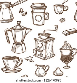 Coffee makers vector sketch retro pattern