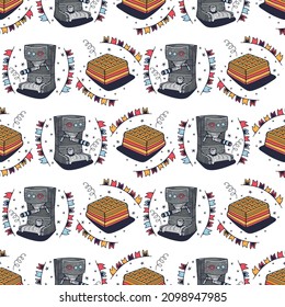 Coffee makers and Waffles. Seamless pattern on a white background. Cute vector illustration.