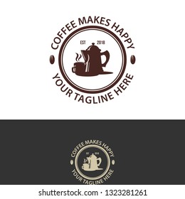 Coffee makes happy. Vintage Coffee shop logo vector illustration. Espresso coffee icon symbol. Espresso coffee sign