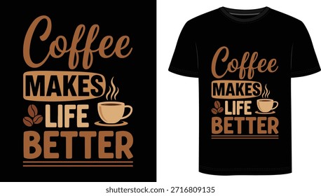 Coffee Makes Life Better camiseta. Con un diseño de tipografía marrón cálido, granos de café y una taza de café humeante en una camiseta negra clásica, esta camisa es perfecta para cualquier persona cuyo día no comienza hasta el primer sorbo. Suave, cómodo y fácil de peinar, es ideal para carreras de cafeterías, días de oficina, trabajar desde casa o fines de semana relajantes.