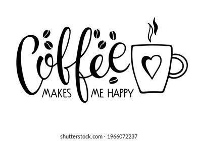 Coffee makes me happy text and coffee mug with steam. Vector calligraphy lettering. Black and white Logo for company, cafe. Template of banner or poster for coffee shop, restaurant. Coffee break